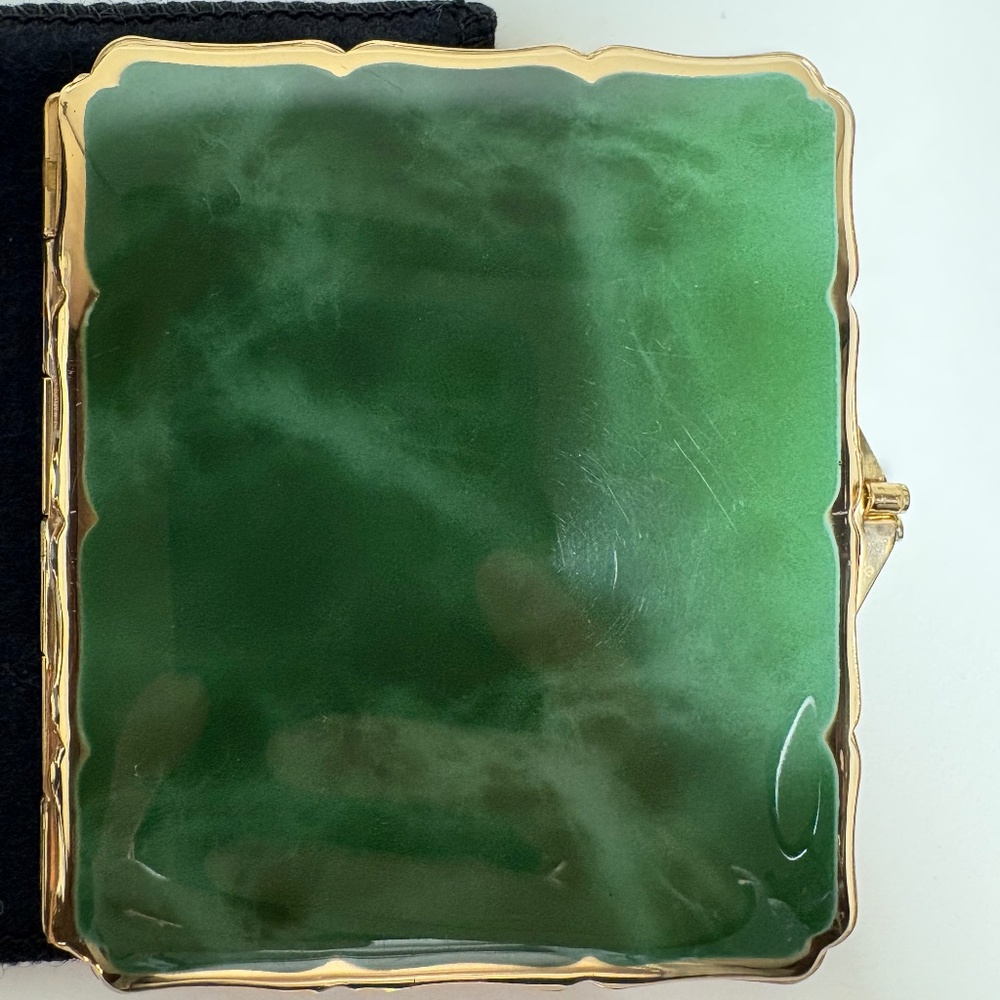 Stratton Mirror Compact Vtg. England Case Green Marbled Gold Plated 3 5/8in +bag